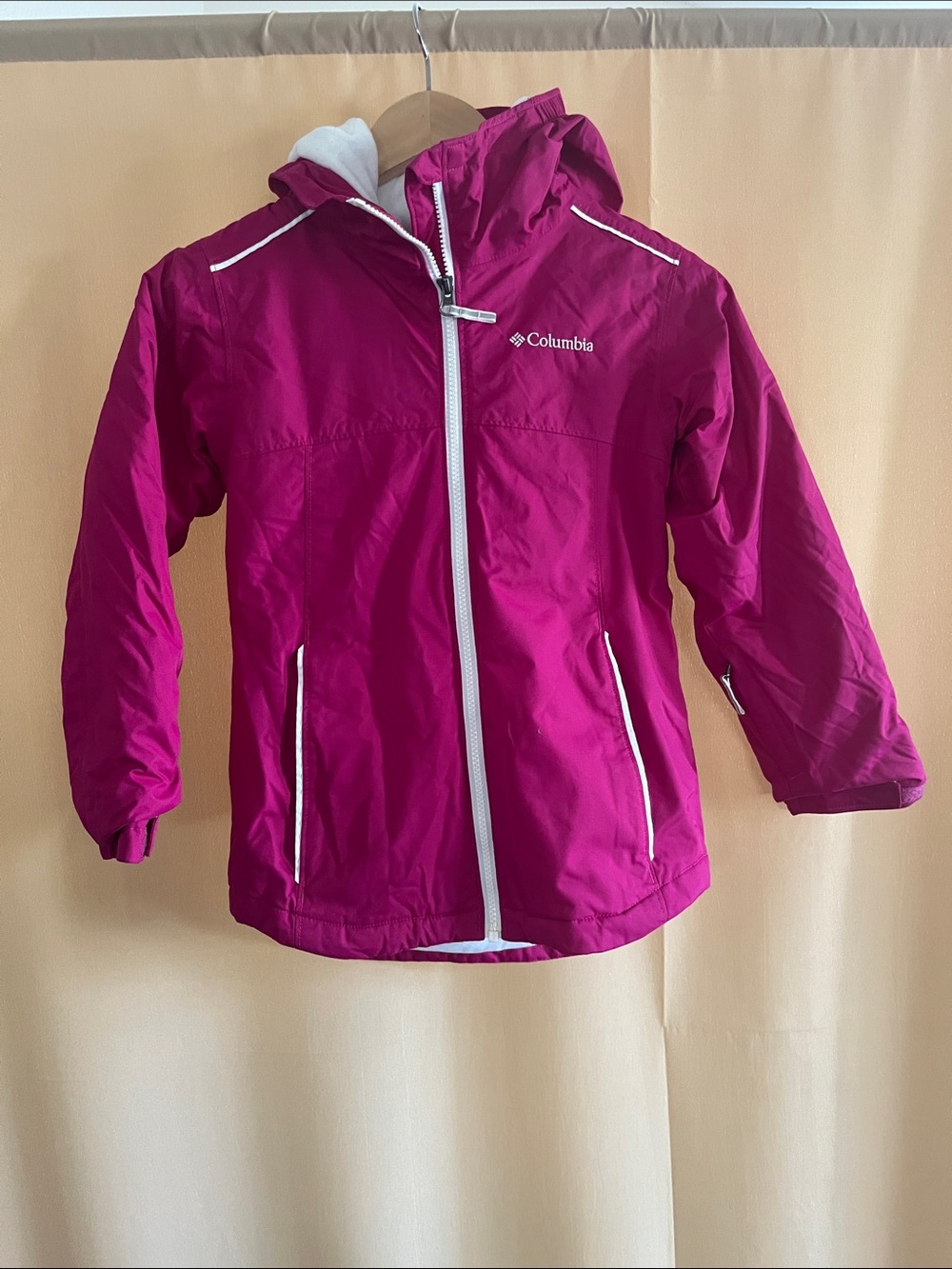 Columbia Kids Magenta Hooded Rain Jacket with White Trim
